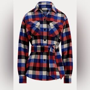 Lauren Ralph Buffalo Check Belted Twill Shirt Jacket Wool Blend Shacket NWT $245